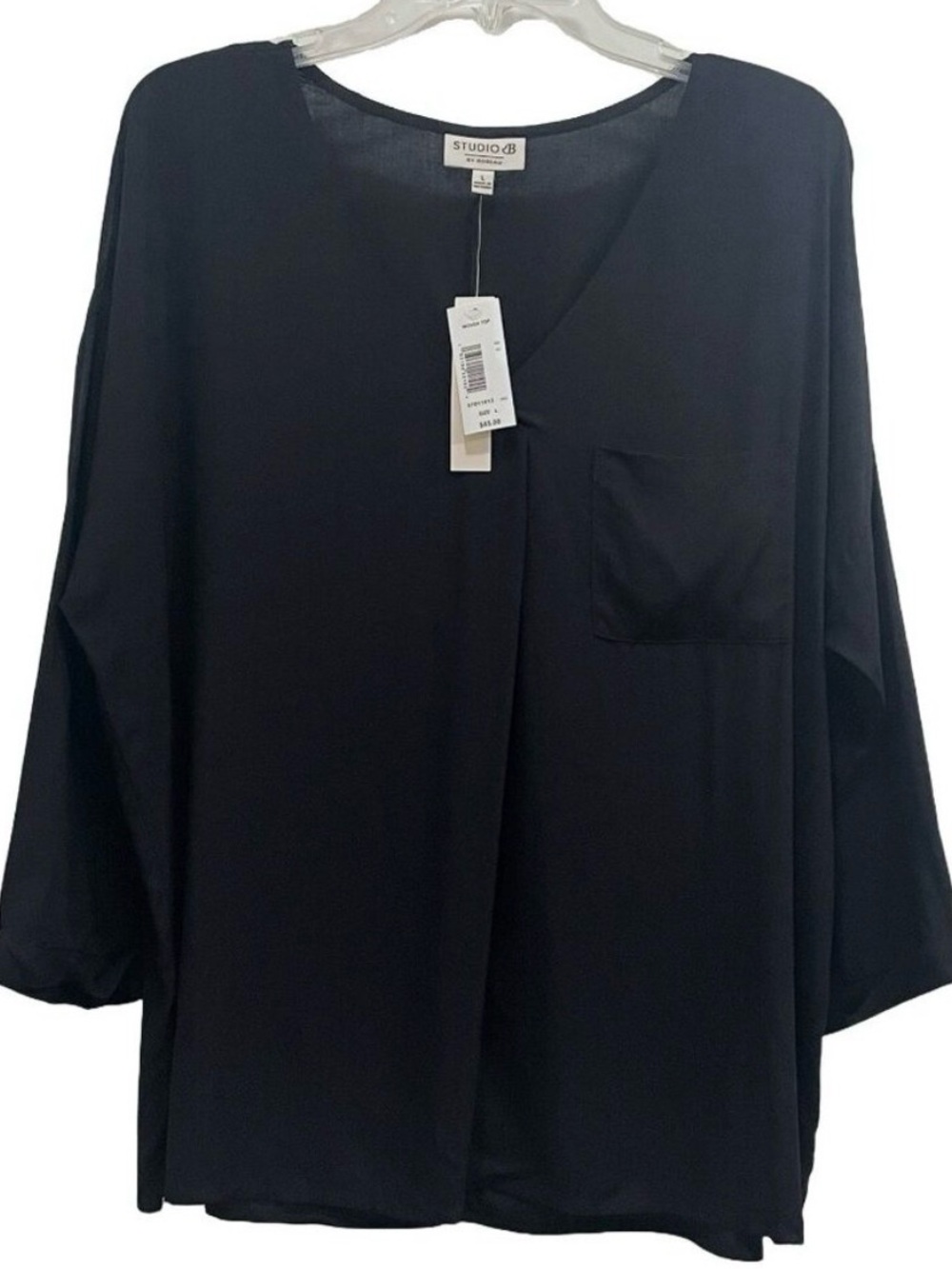 Black Minimalist Woven Rayon V-Neck Blouse Roll Tab Sleeves NWT Bobeau L